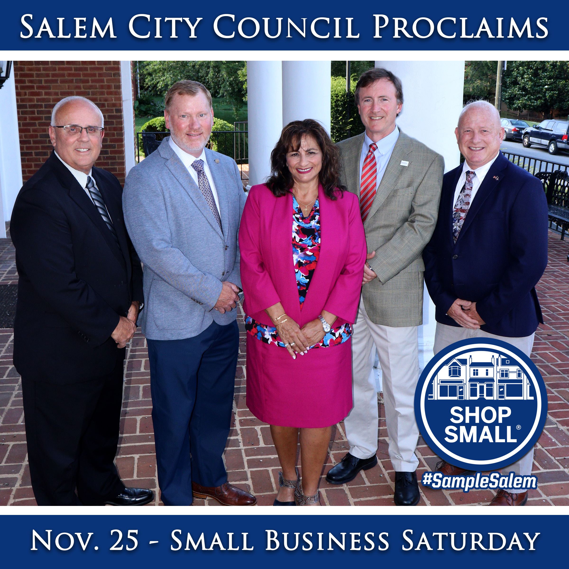 Five members of Salem City Council with Small Business Saturday logo